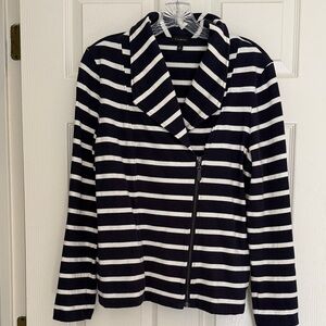 Talbots Navy and White Striped Shawl-Collar Zip Jacket